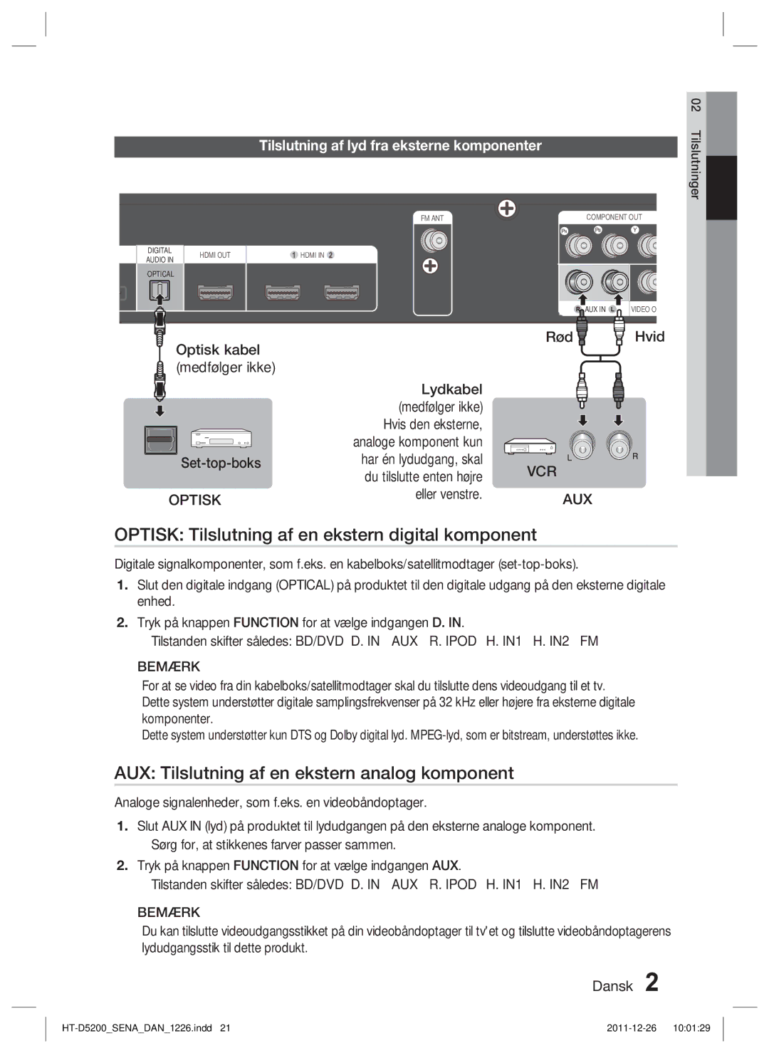 Samsung HT-D5200/XE Optisk Tilslutning af en ekstern digital komponent, AUX Tilslutning af en ekstern analog komponent 