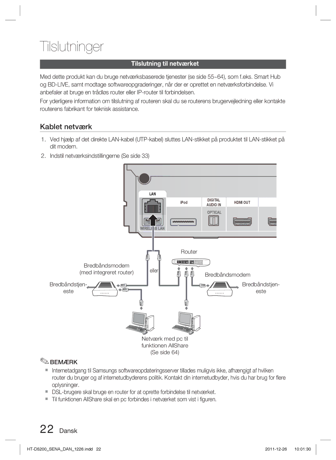 Samsung HT-D5200/XE manual Tilslutning til netværket, Bredbåndsmodem, Bredbåndstjen Este 