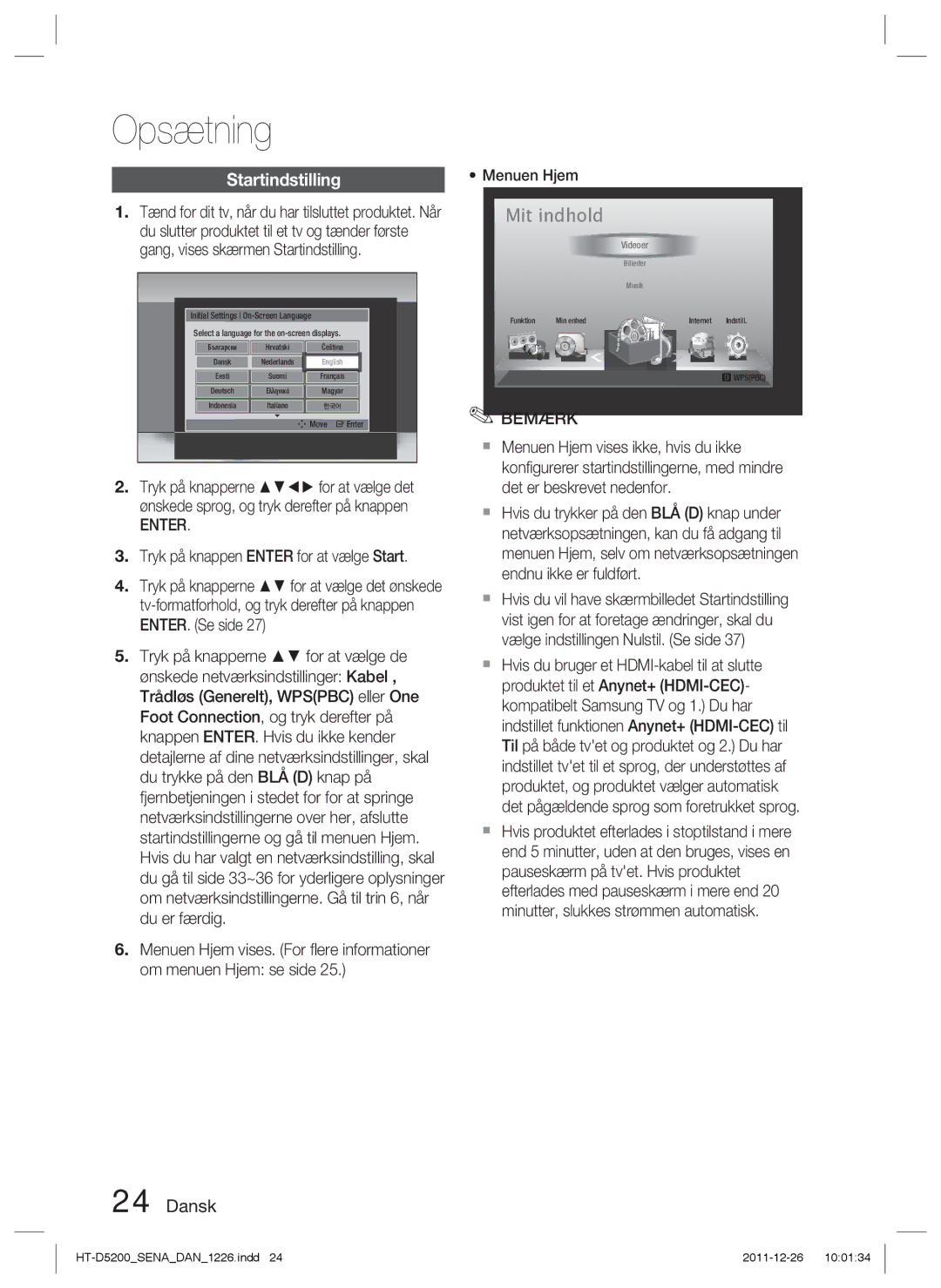 Samsung HT-D5200/XE manual Opsætning, Startindstilling, Menuen Hjem 