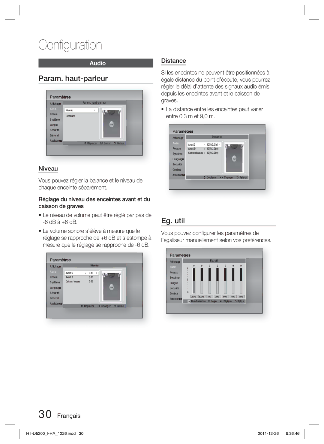 Samsung HT-D5200/XN, HT-D5200/EN, HT-D5200/ZF, HT-D5200/XE manual Param. haut-parleur, Eg. util, Niveau, Français Distance 