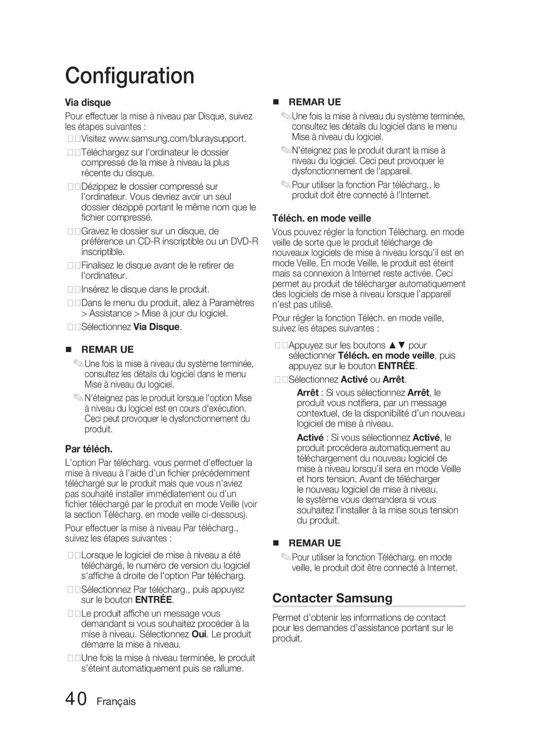 Samsung HT-D5200/ZF manual Contacter Samsung, Via disque, Par téléch, Téléch. en mode veille, Sélectionnez Via Disque 