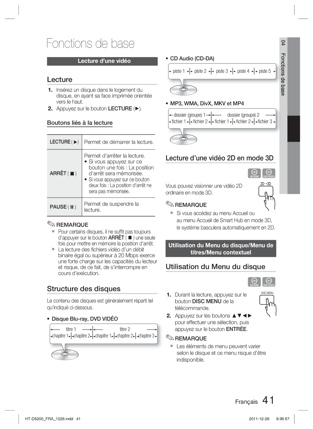 Samsung HT-D5200/XE, HT-D5200/XN manual Fonctions de base, Structure des disques, Lecture d’une vidéo 2D en mode 3D 