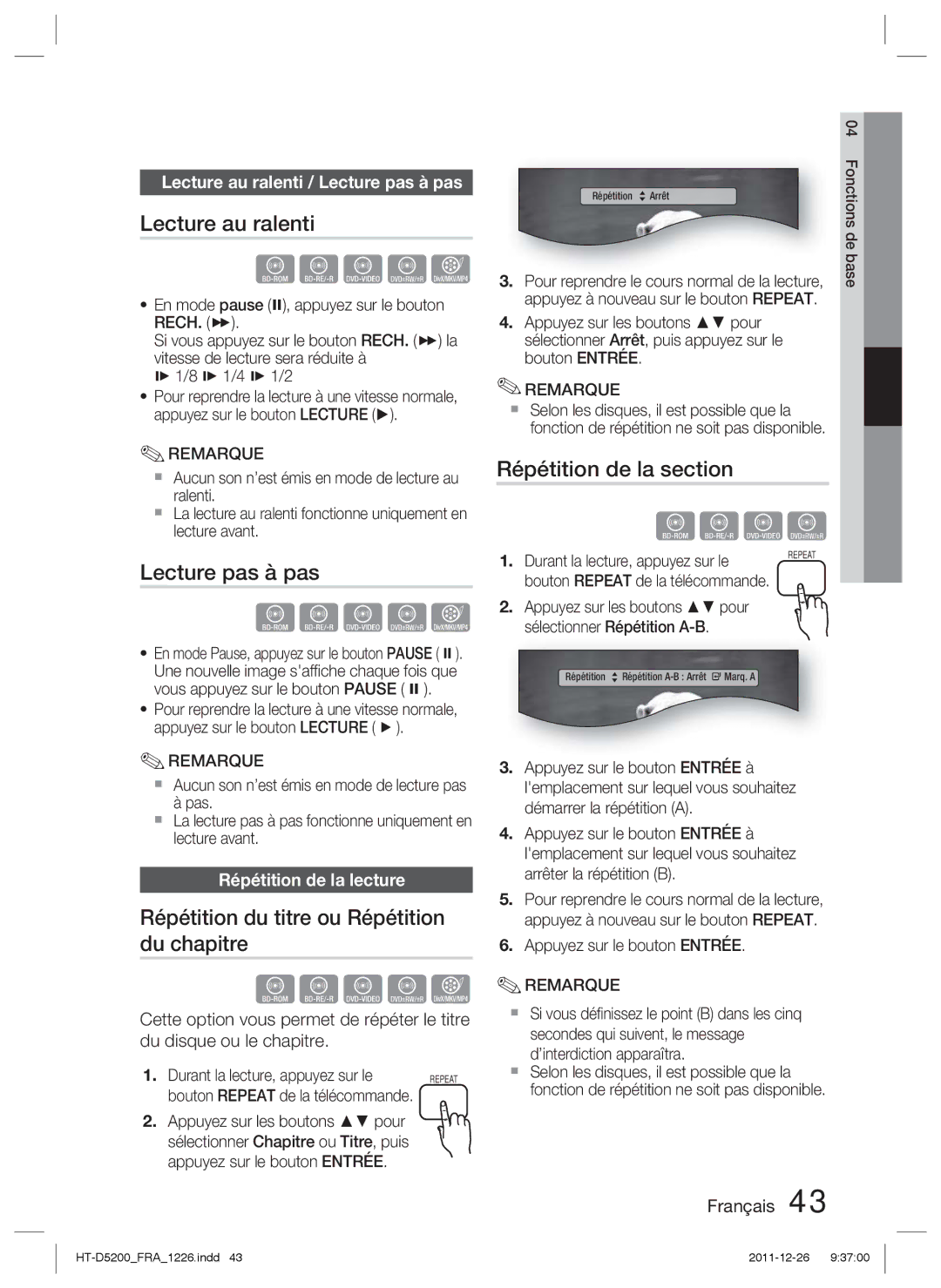 Samsung HT-D5200/EN, HT-D5200/XN manual Lecture au ralenti, Lecture pas à pas, Répétition du titre ou Répétition du chapitre 