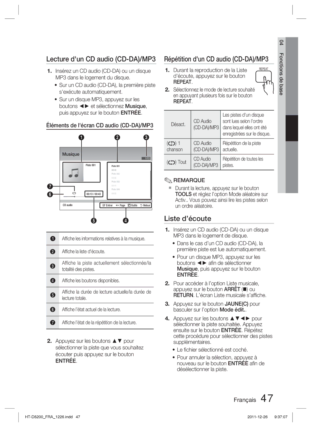 Samsung HT-D5200/EN, HT-D5200/XN Lecture dun CD audio CD-DA/MP3, Liste d’écoute, Répétition dun CD audio CD-DA/MP3, Repeat 