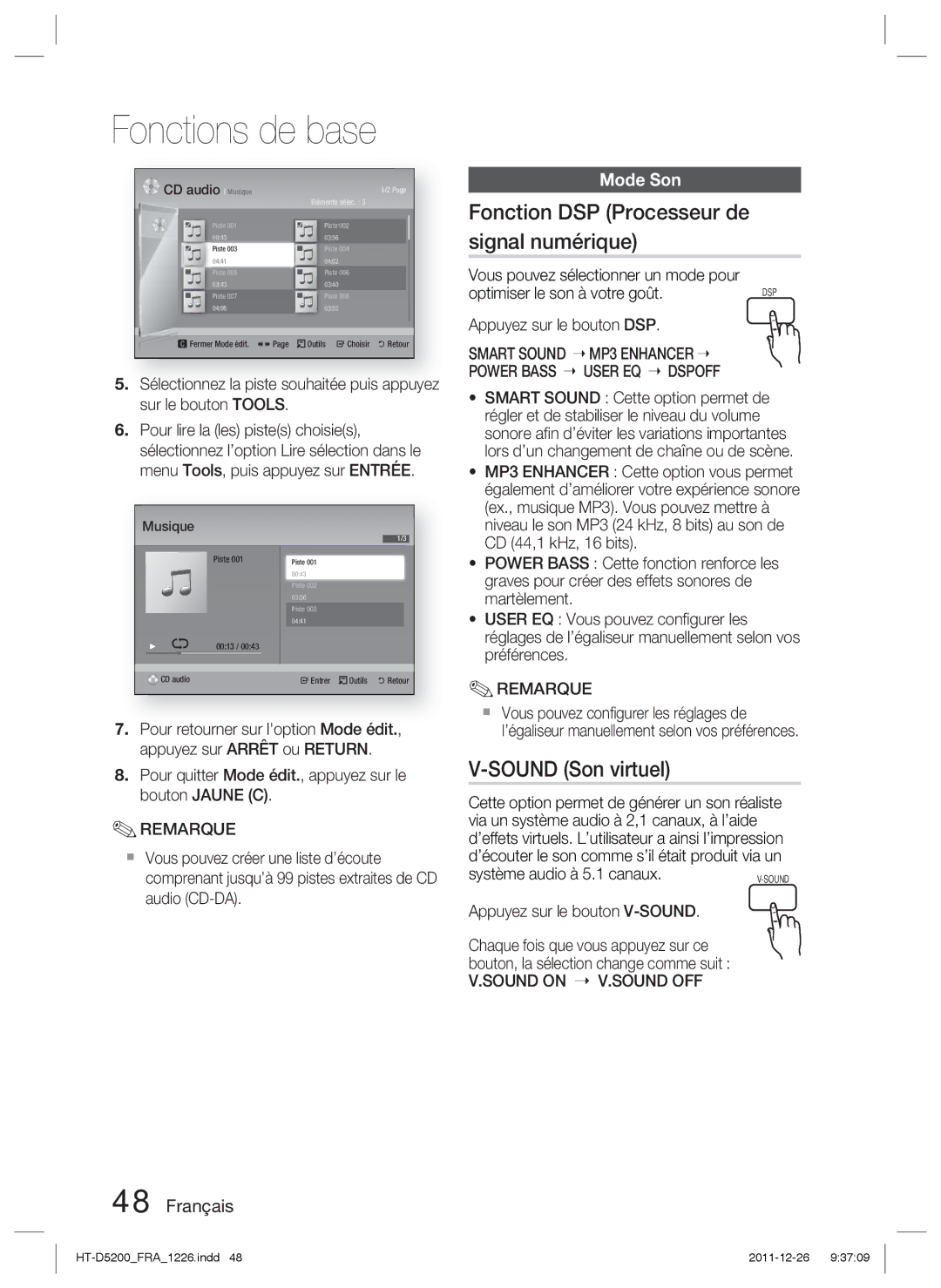 Samsung HT-D5200/ZF Fonction DSP Processeur de signal numérique, Sound Son virtuel, Mode Son, Appuyez sur le bouton DSP 