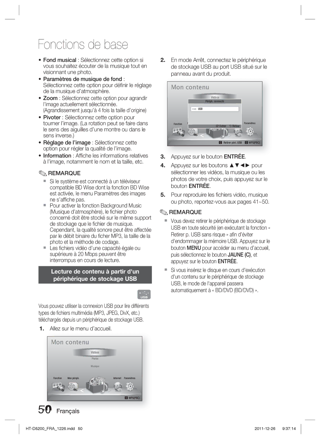 Samsung HT-D5200/XN, HT-D5200/EN Lecture de contenu à partir dun Périphérique de stockage USB, Allez sur le menu d’accueil 