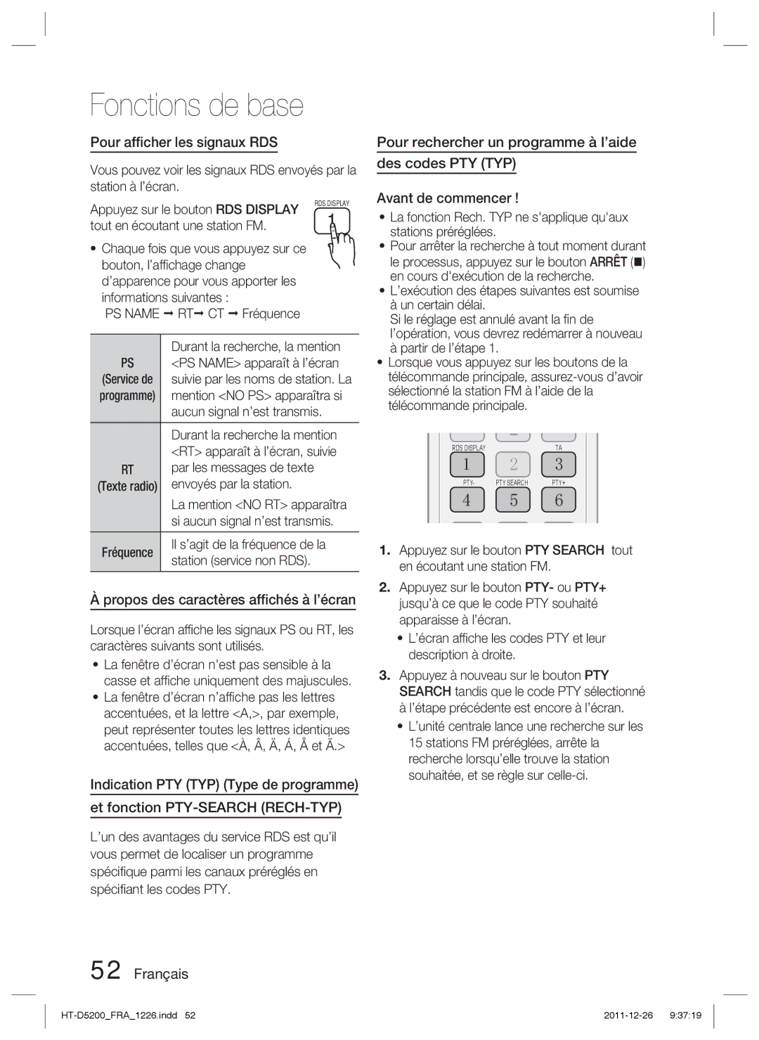 Samsung HT-D5200/ZF, HT-D5200/XN manual Pour afﬁcher les signaux RDS, Propos des caractères afﬁchés à l’écran, PS Name 