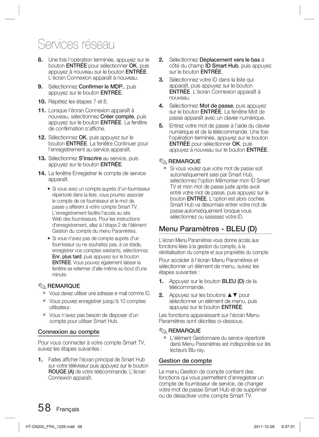 Samsung HT-D5200/XN, HT-D5200/EN, HT-D5200/ZF, HT-D5200/XE Menu Paramètres Bleu D, Connexion au compte, Gestion de compte 