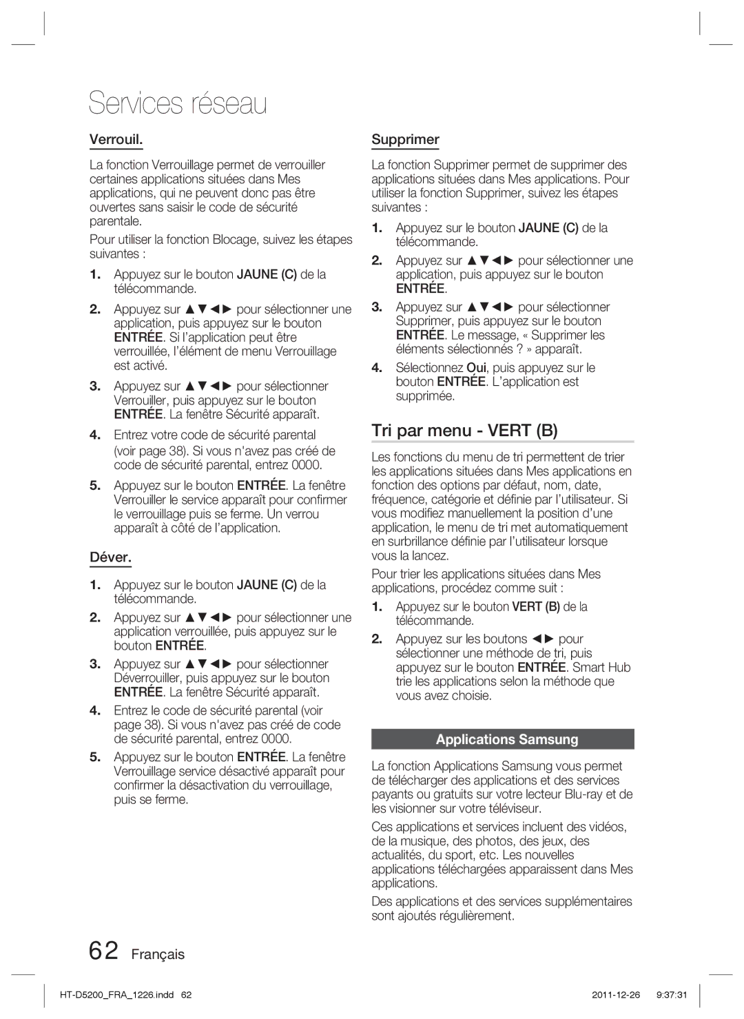 Samsung HT-D5200/XN, HT-D5200/EN manual Tri par menu Vert B, Verrouil, Déver, Français Supprimer, Applications Samsung 