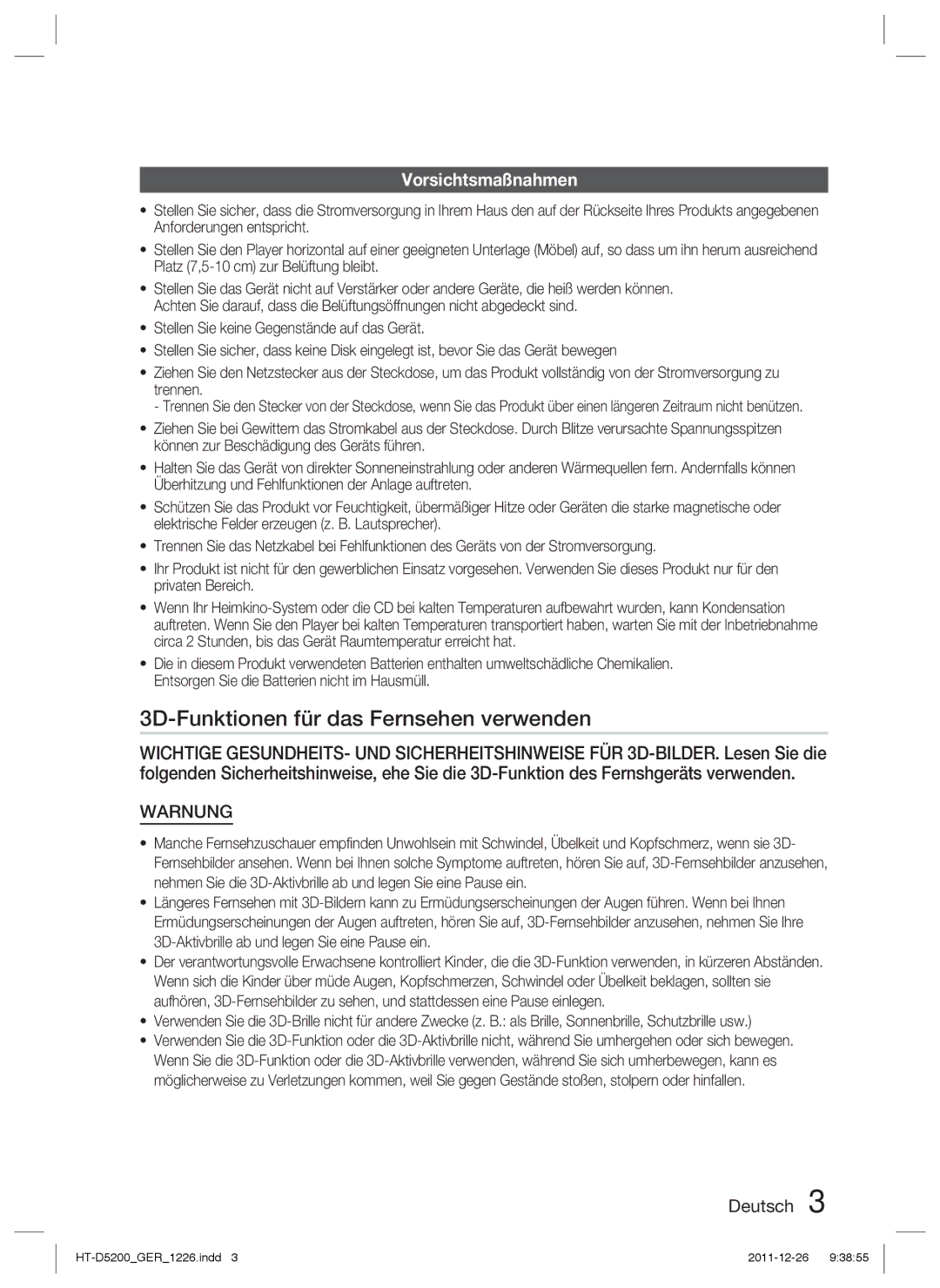 Samsung HT-D5200/XE, HT-D5200/XN, HT-D5200/EN, HT-D5200/ZF 3D-Funktionen für das Fernsehen verwenden, Vorsichtsmaßnahmen 