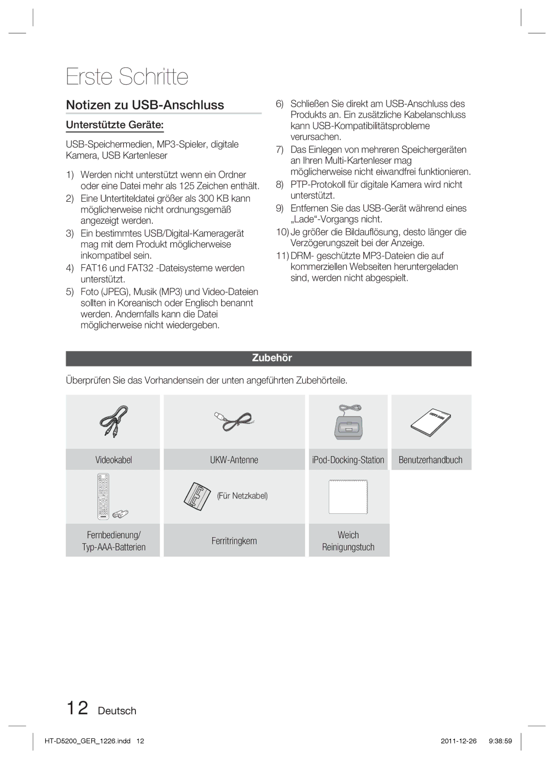 Samsung HT-D5200/XN, HT-D5200/EN, HT-D5200/ZF manual Notizen zu USB-Anschluss, Unterstützte Geräte, Zubehör, Für Netzkabel 