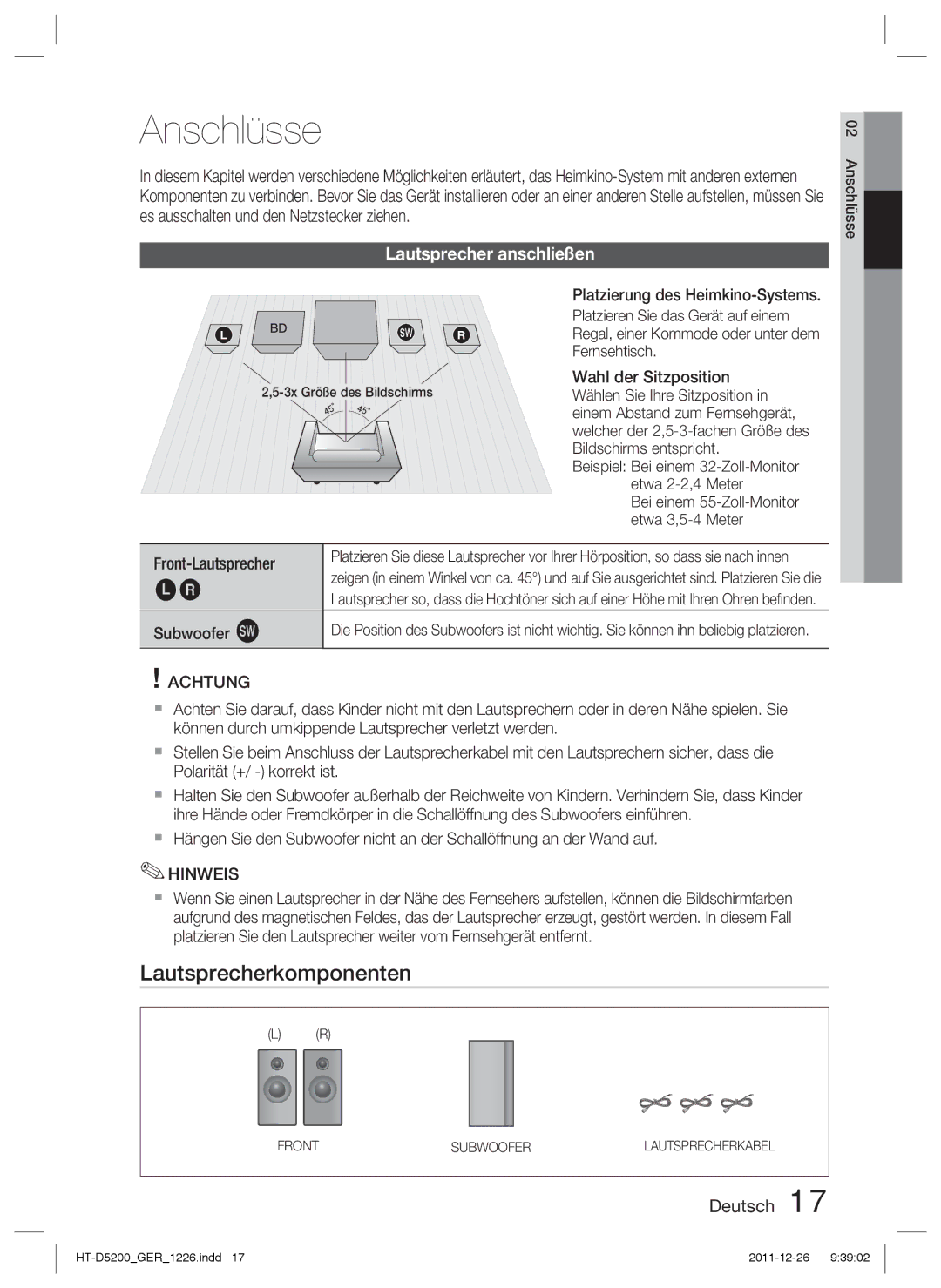 Samsung HT-D5200/EN manual Anschlüsse, Lautsprecherkomponenten, Lautsprecher anschließen, Front-Lautsprecher Subwoofer g 