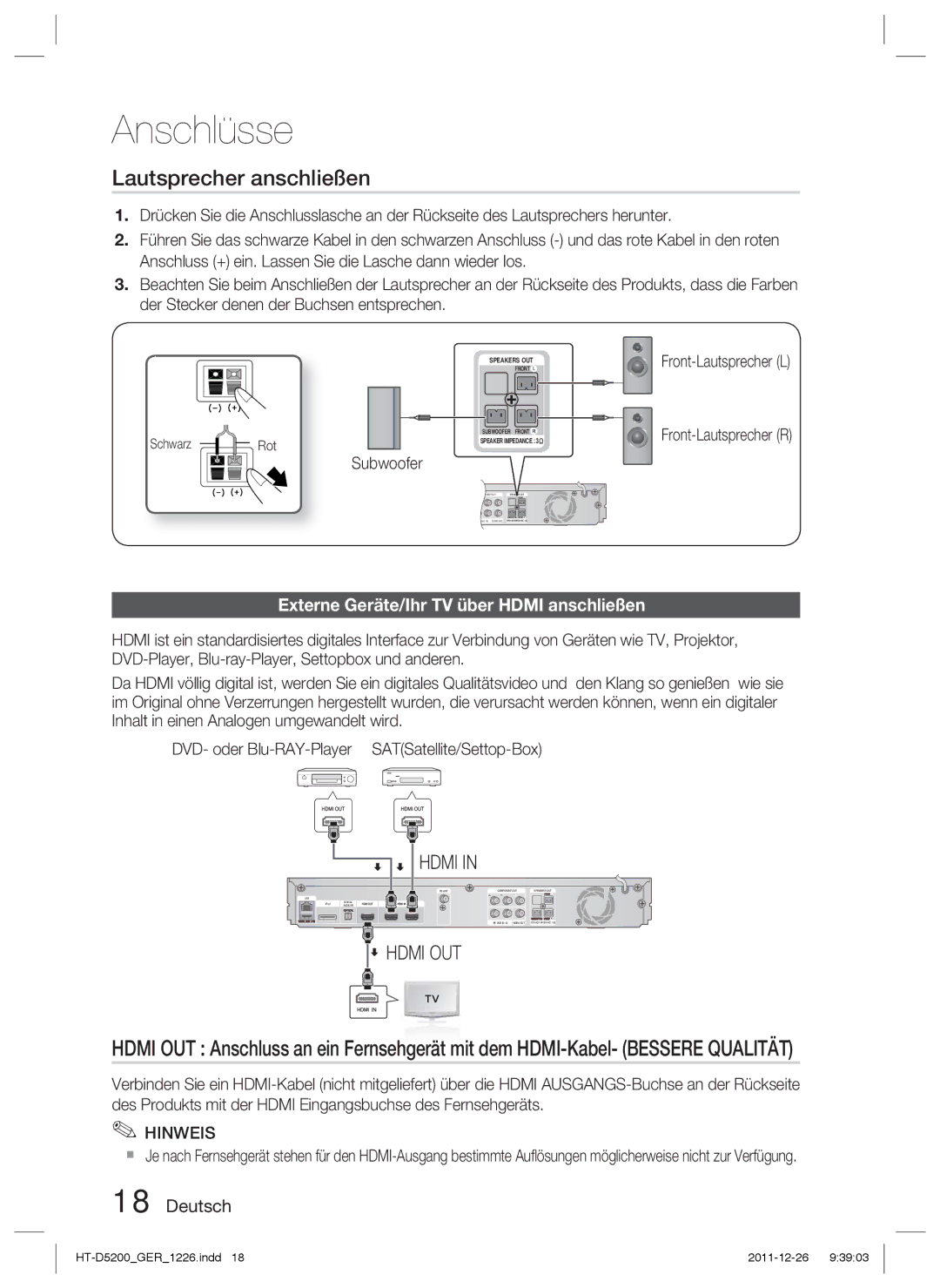 Samsung HT-D5200/ZF, HT-D5200/XN manual Lautsprecher anschließen, Externe Geräte/Ihr TV über Hdmi anschließen, Schwarz Rot 