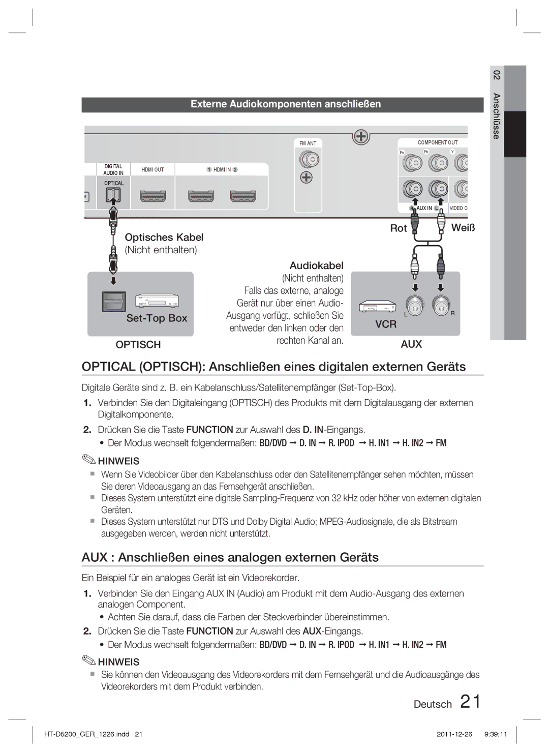 Samsung HT-D5200/EN Optical Optisch Anschließen eines digitalen externen Geräts, Externe Audiokomponenten anschließen 