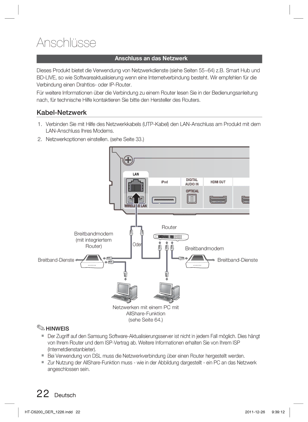 Samsung HT-D5200/ZF, HT-D5200/XN Anschluss an das Netzwerk, Breitbandmodem, Breitband-Dienste, Router, Mit integriertem 