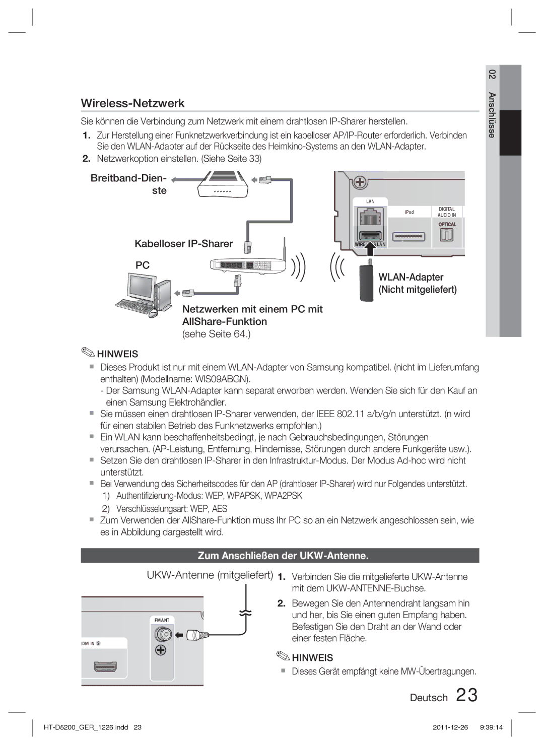 Samsung HT-D5200/XE UKW-Antenne mitgeliefert, Zum Anschließen der UKW-Antenne, Netzwerkoption einstellen. Siehe Seite 