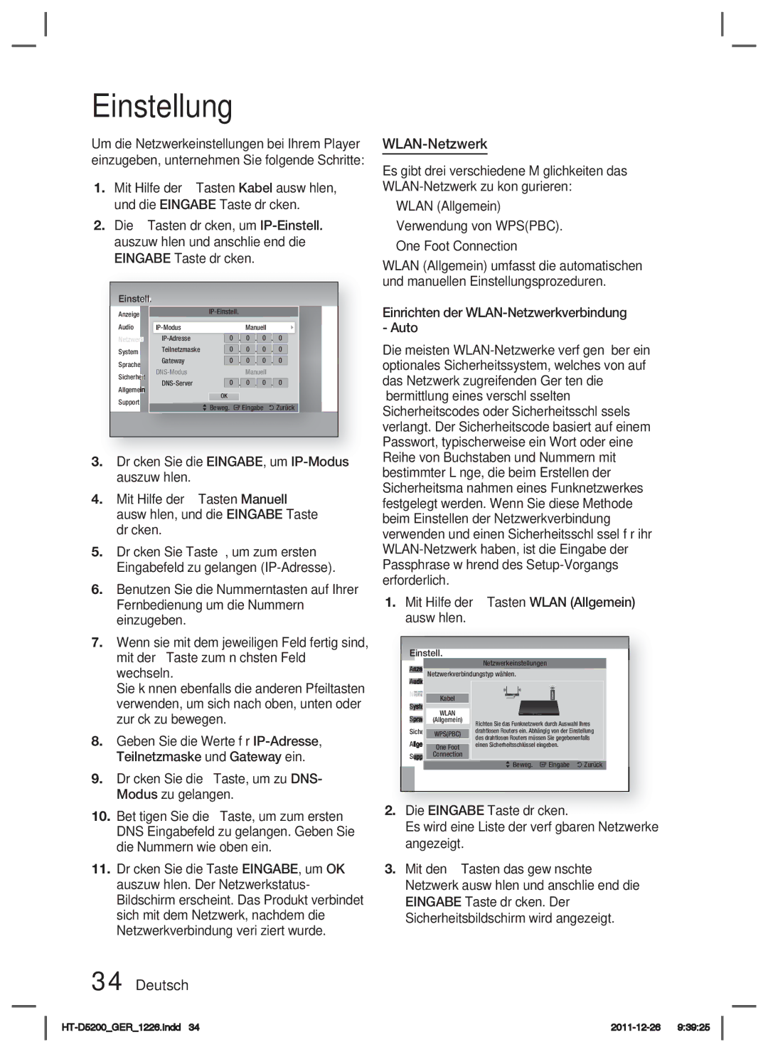 Samsung HT-D5200/ZF, HT-D5200/XN, HT-D5200/EN, HT-D5200/XE manual Deutsch WLAN-Netzwerk 