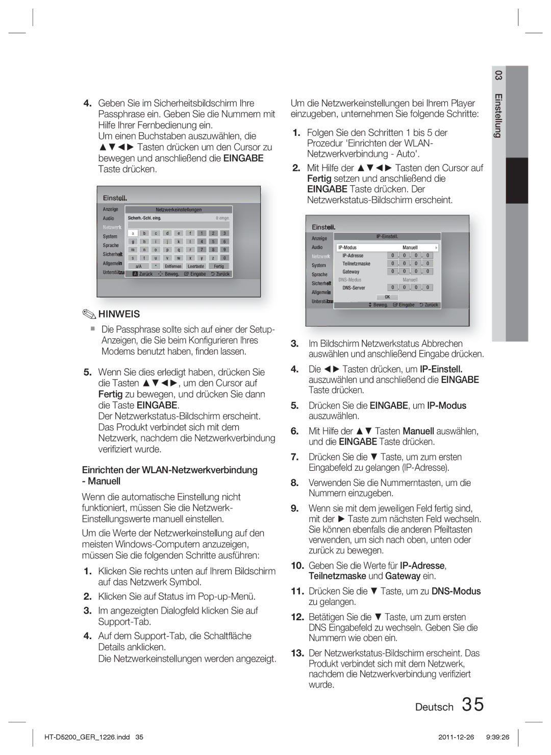 Samsung HT-D5200/XE, HT-D5200/XN, HT-D5200/EN, HT-D5200/ZF manual Anzeige Netzwerkeinstellungen Audio 