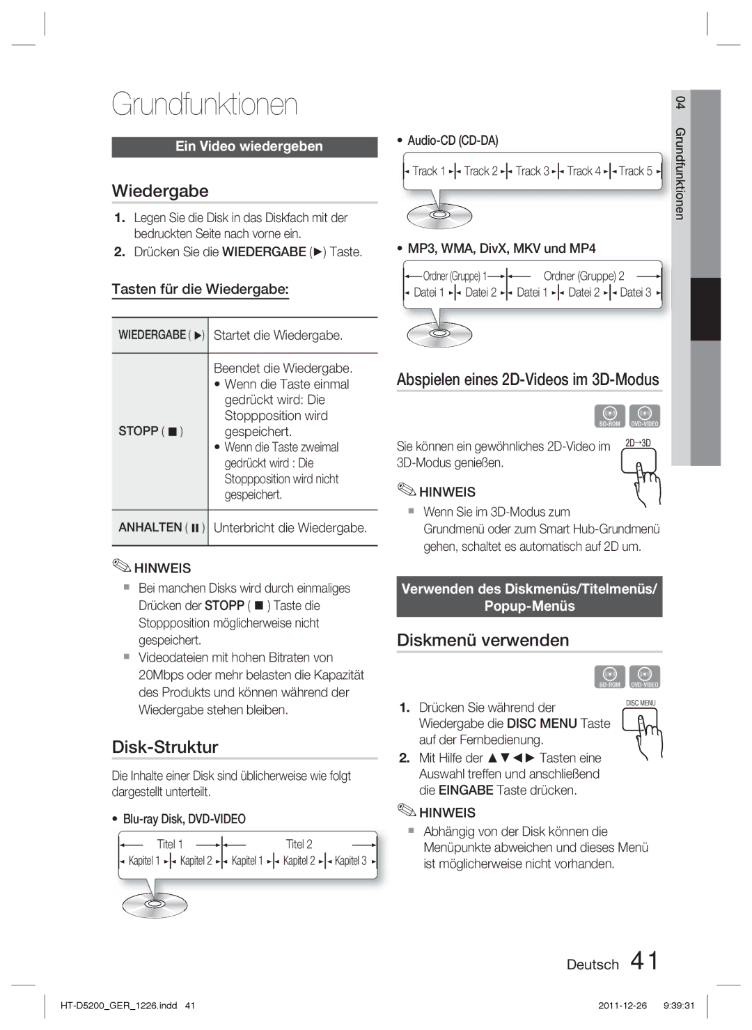 Samsung HT-D5200/EN Grundfunktionen, Wiedergabe, Disk-Struktur, Abspielen eines 2D-Videos im 3D-Modus, Diskmenü verwenden 
