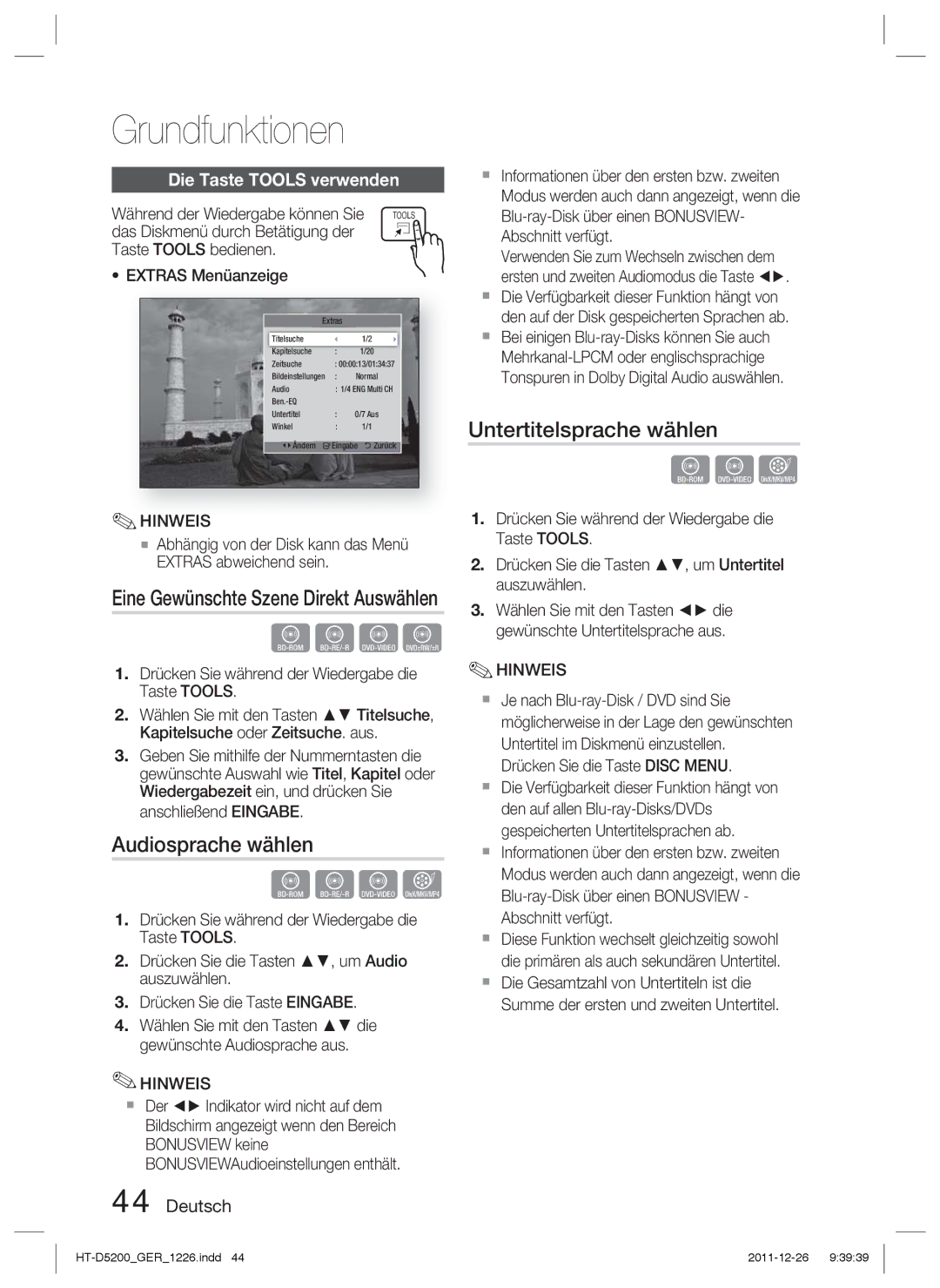 Samsung HT-D5200/XN, HT-D5200/EN, HT-D5200/ZF manual Audiosprache wählen, Untertitelsprache wählen, Die Taste Tools verwenden 