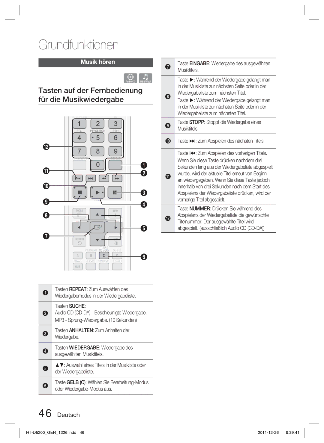 Samsung HT-D5200/ZF, HT-D5200/XN, HT-D5200/EN, HT-D5200/XE Tasten auf der Fernbedienung für die Musikwiedergabe, Musik hören 