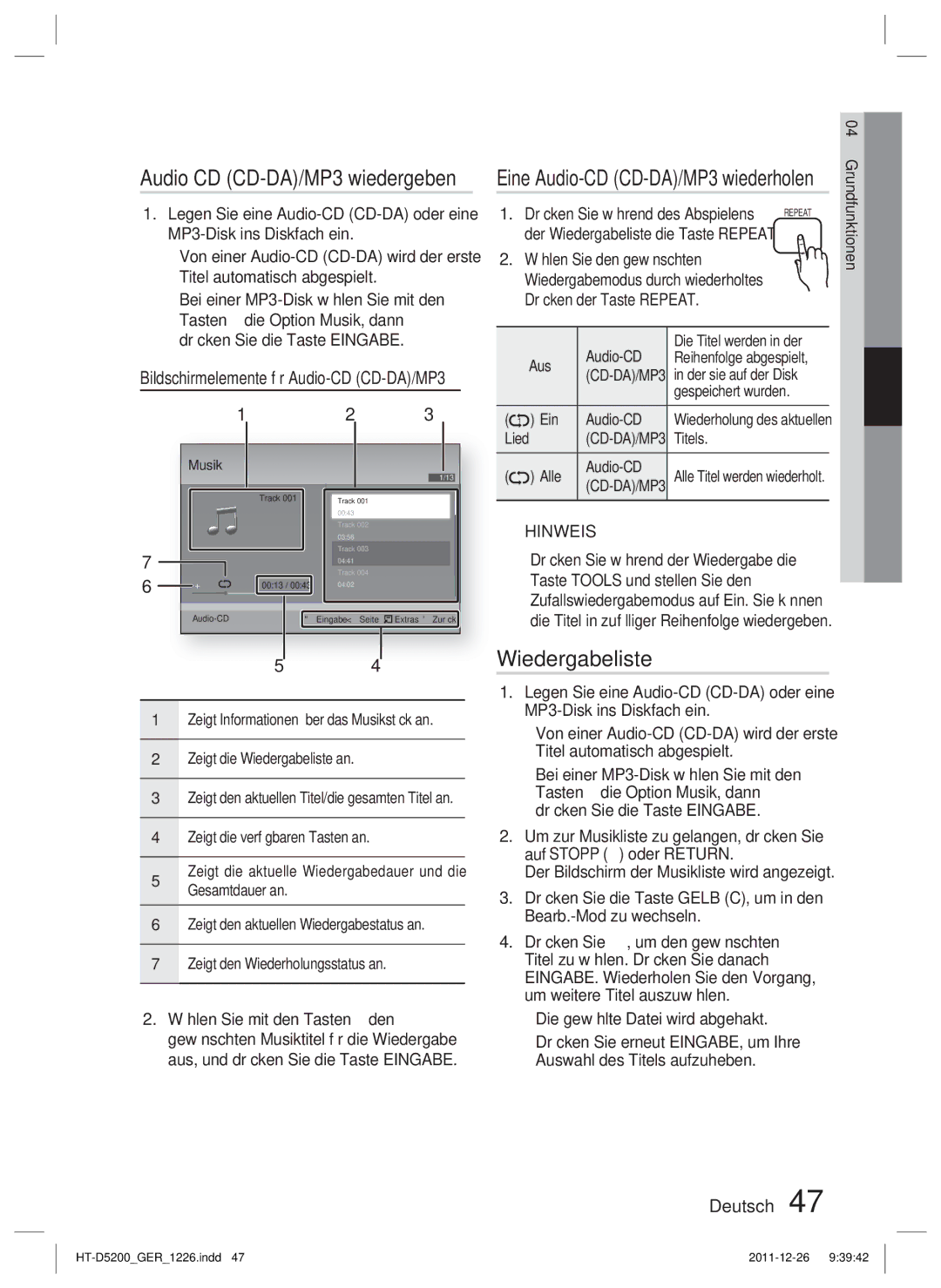 Samsung HT-D5200/XE, HT-D5200/XN, HT-D5200/EN, HT-D5200/ZF manual Wiedergabeliste, Eine Audio-CD CD-DA/MP3 wiederholen 