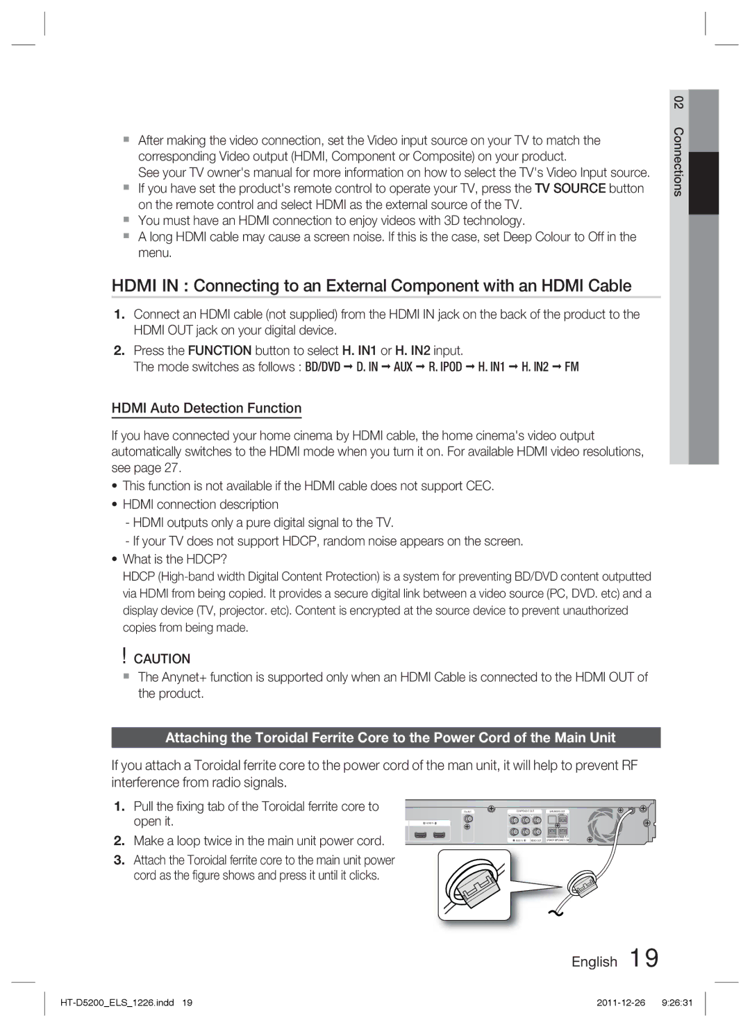 Samsung HT-D5200/XE, HT-D5200/XN, HT-D5200/EN Hdmi Auto Detection Function, Make a loop twice in the main unit power cord 