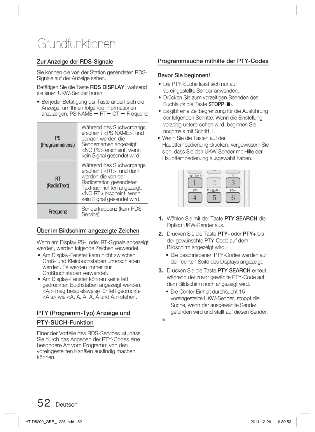 Samsung HT-D5200/XN, HT-D5200/EN, HT-D5200/ZF manual Zur Anzeige der RDS-Signale, Über im Bildschirm angezeigte Zeichen 