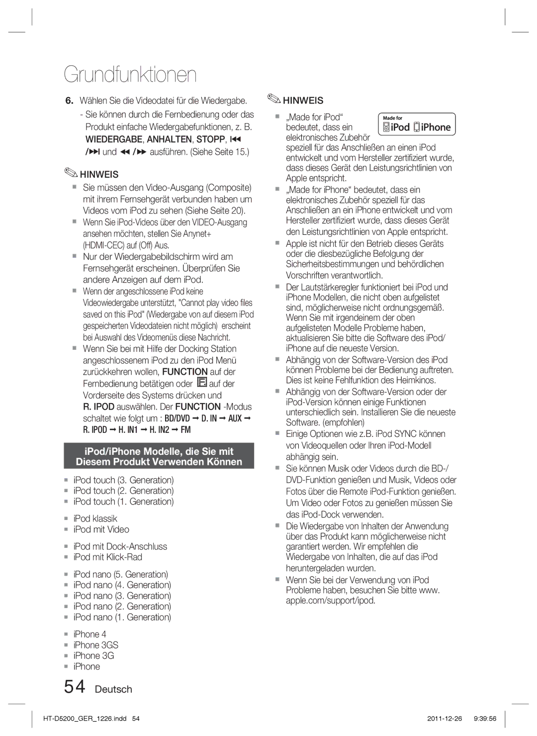 Samsung HT-D5200/ZF manual Wiedergabe, Anhalten, Stopp, #,  „Made for iPod, Bedeutet, dass ein elektronisches Zubehör 