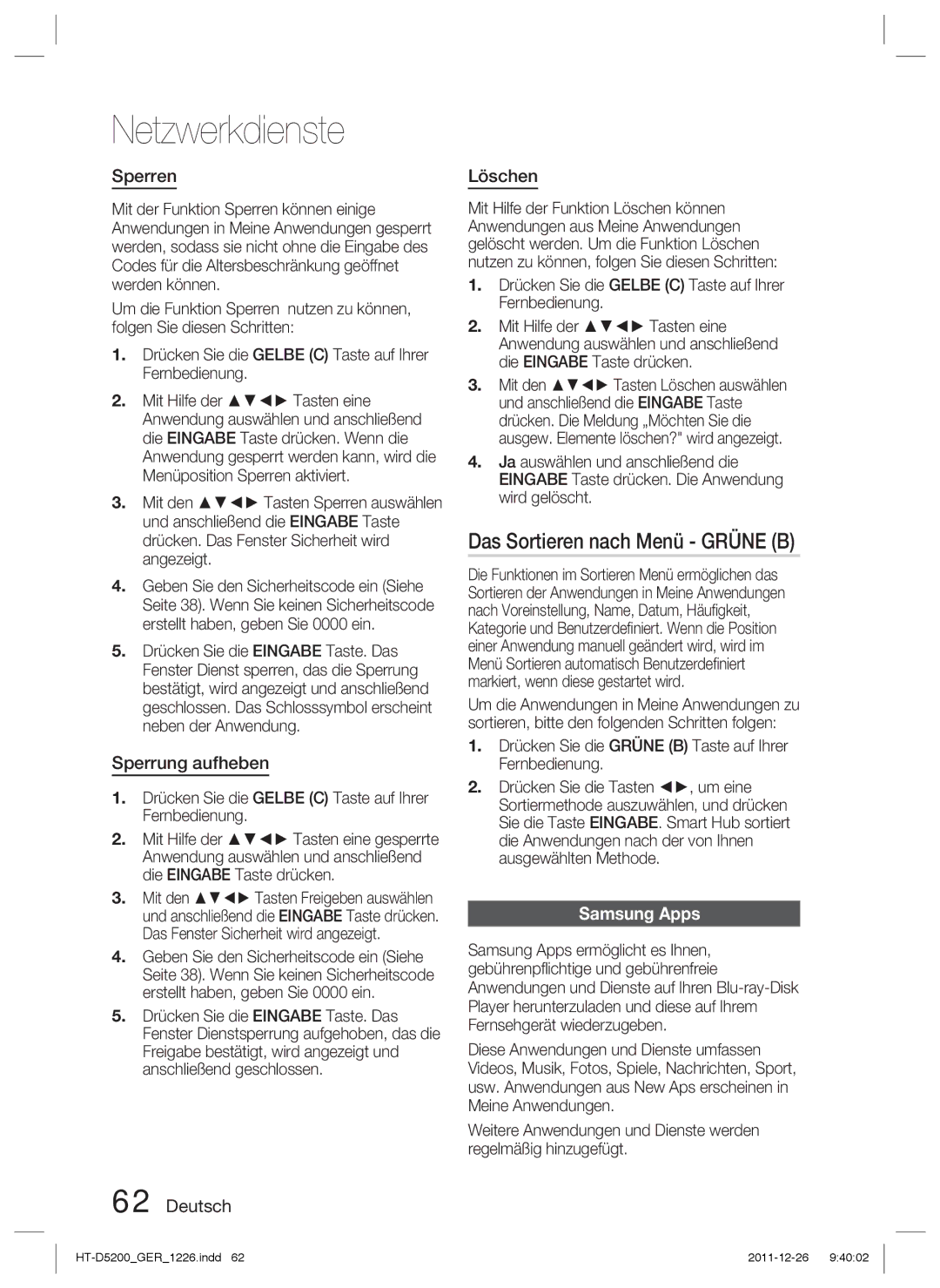 Samsung HT-D5200/ZF, HT-D5200/XN, HT-D5200/EN Das Sortieren nach Menü Grüne B, Sperren, Sperrung aufheben, Deutsch Löschen 