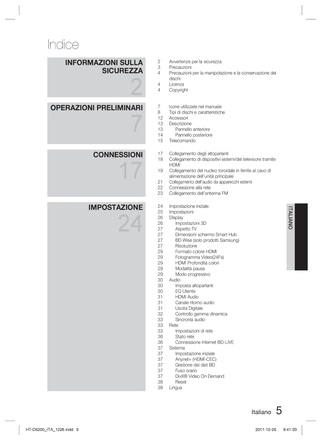 Samsung HT-D5200/XE, HT-D5200/XN, HT-D5200/EN, HT-D5200/ZF manual Indice 