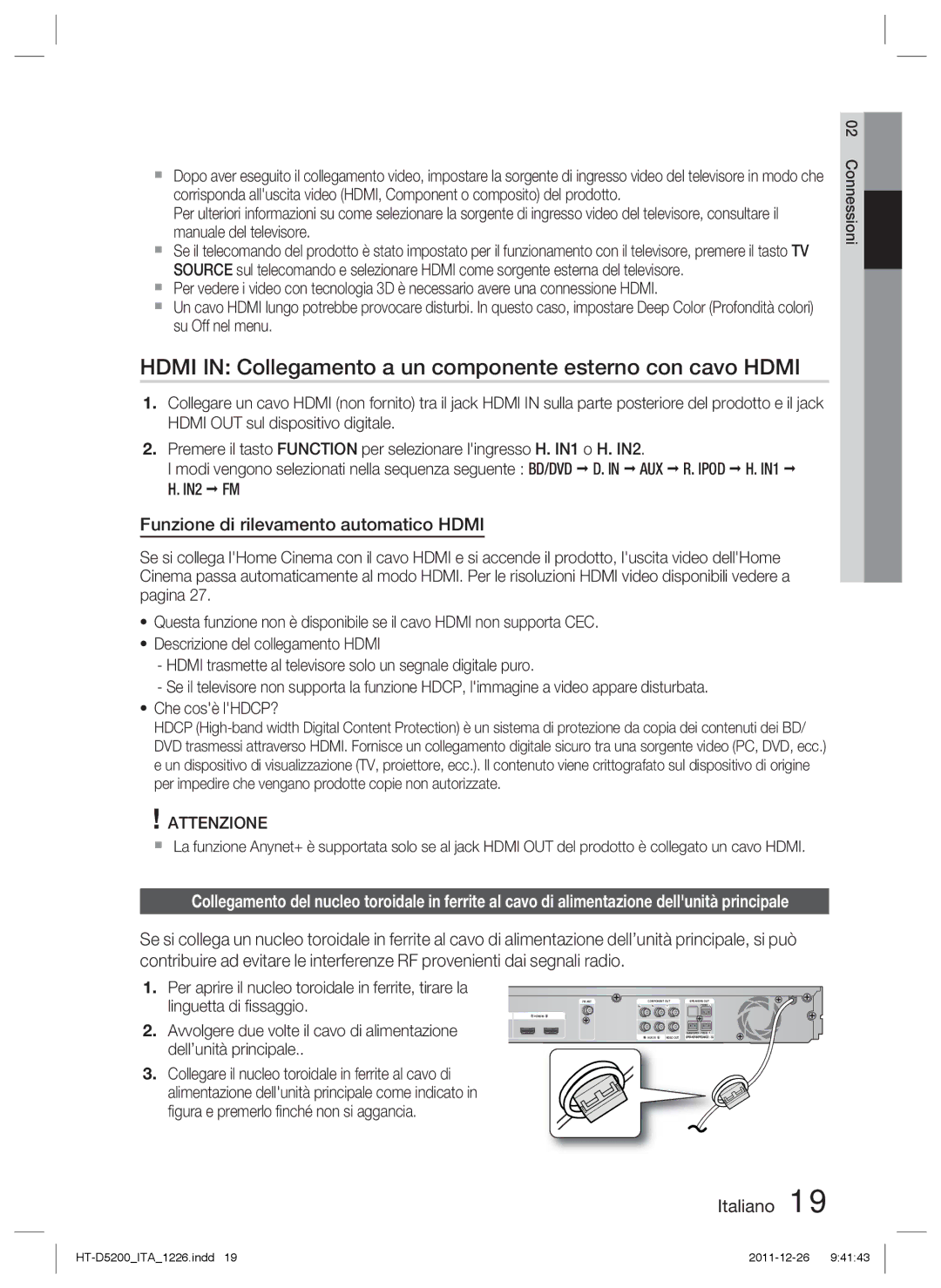 Samsung HT-D5200/EN Hdmi in Collegamento a un componente esterno con cavo Hdmi, Funzione di rilevamento automatico Hdmi 