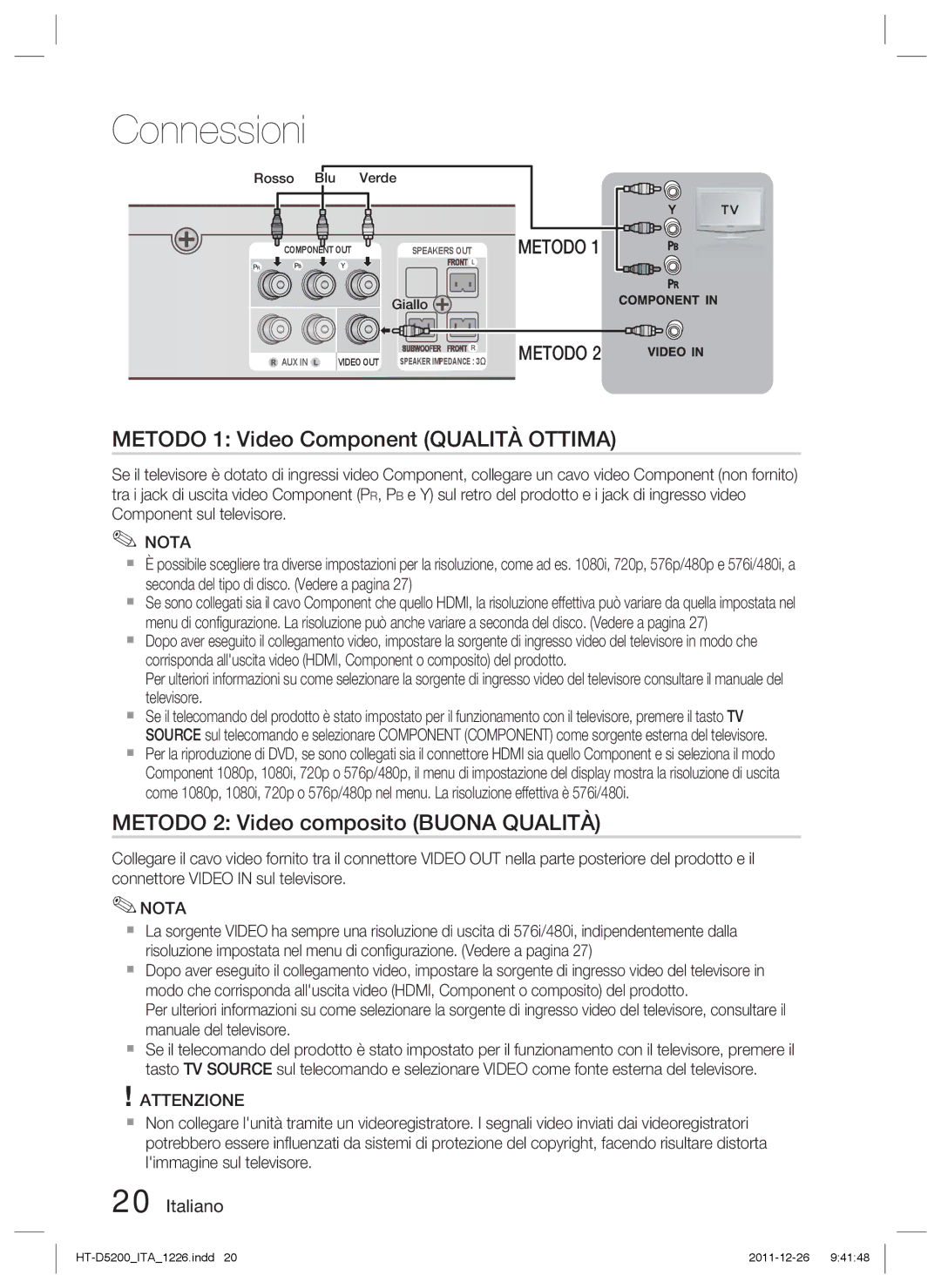 Samsung HT-D5200/ZF manual Metodo 1 Video Component Qualità Ottima, Metodo 2 Video composito Buona Qualità, Rosso Blu Verde 