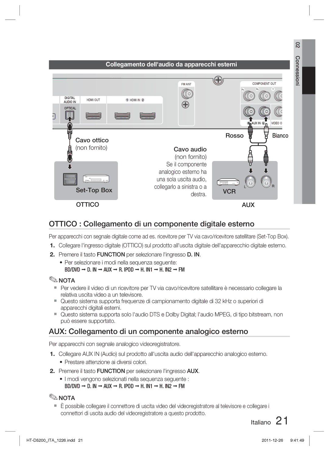 Samsung HT-D5200/XE Ottico Collegamento di un componente digitale esterno, Collegamento dellaudio da apparecchi esterni 