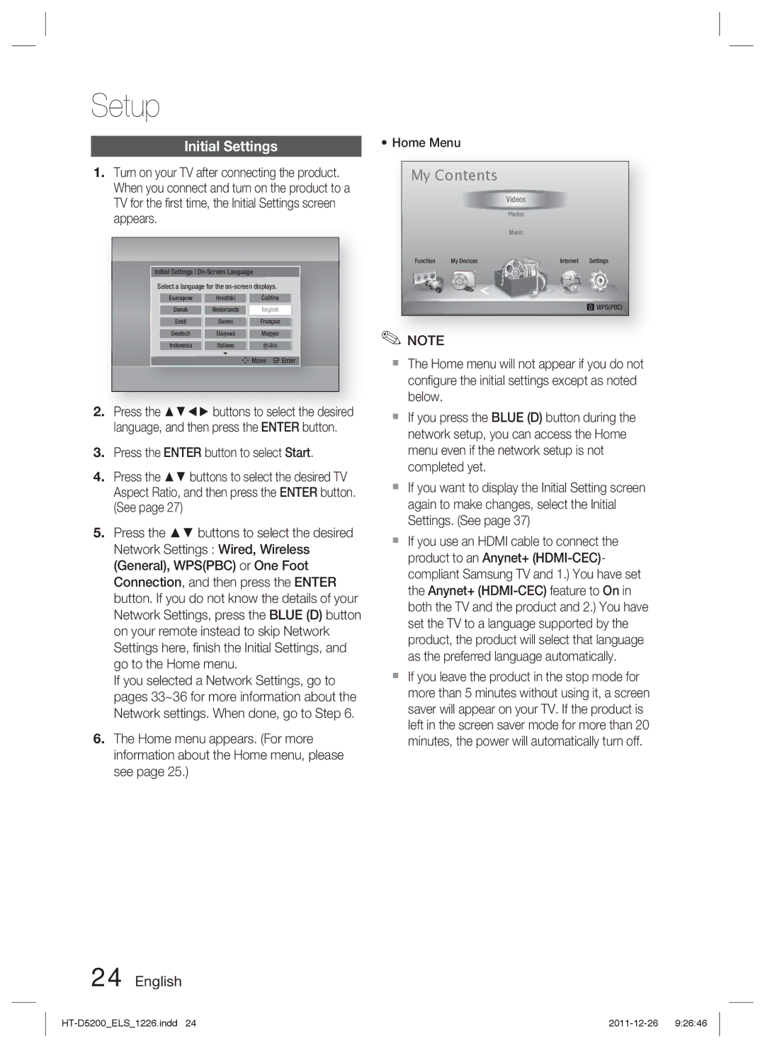 Samsung HT-D5200/XN, HT-D5200/EN, HT-D5200/ZF, HT-D5200/XE manual Setup, My Contents 