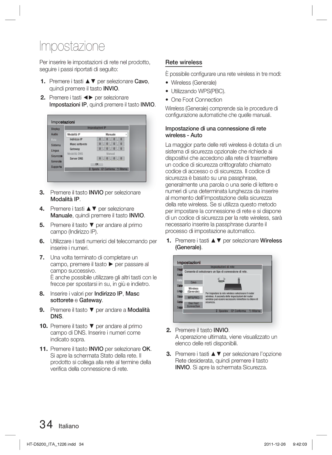 Samsung HT-D5200/XN, HT-D5200/EN, HT-D5200/ZF manual Rete wireless, Impostazione di una connessione di rete wireless Auto 