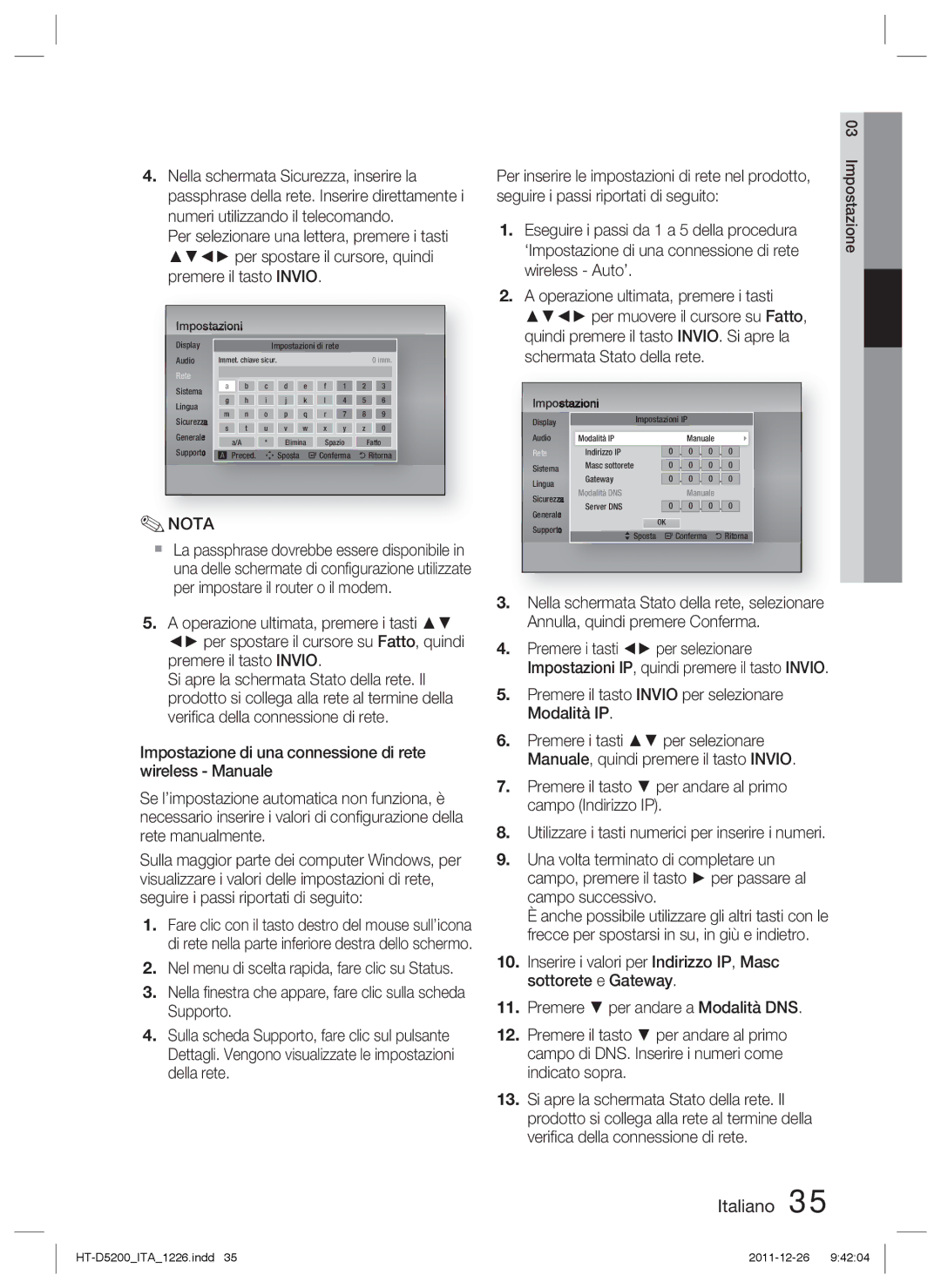 Samsung HT-D5200/EN, HT-D5200/XN manual Wireless Auto’, Seguire i passi riportati di seguito, Schermata Stato della rete 