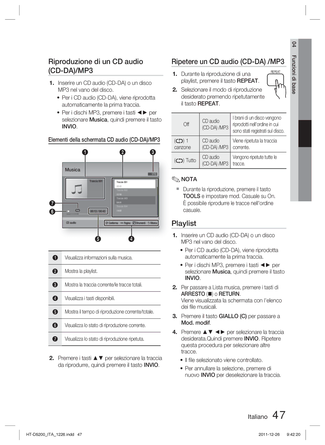 Samsung HT-D5200/EN, HT-D5200/XN, HT-D5200/ZF, HT-D5200/XE manual Riproduzione di un CD audio CD-DA/MP3 