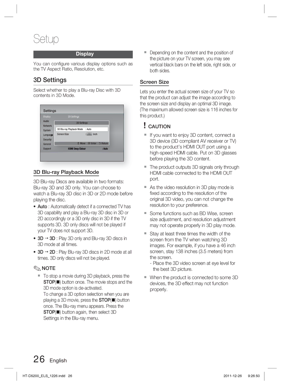 Samsung HT-D5200/ZF, HT-D5200/XN, HT-D5200/EN, HT-D5200/XE manual 3D Settings, Display, 3D Blu-ray Playback Mode, Screen Size 