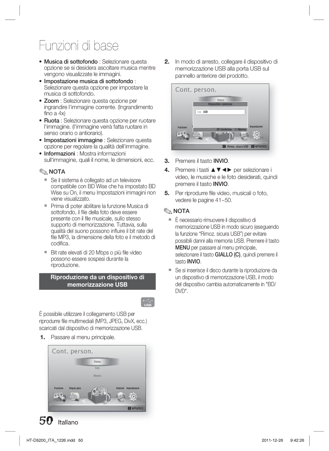 Samsung HT-D5200/XN, HT-D5200/EN manual Riproduzione da un dispositivo di Memorizzazione USB, Passare al menu principale 