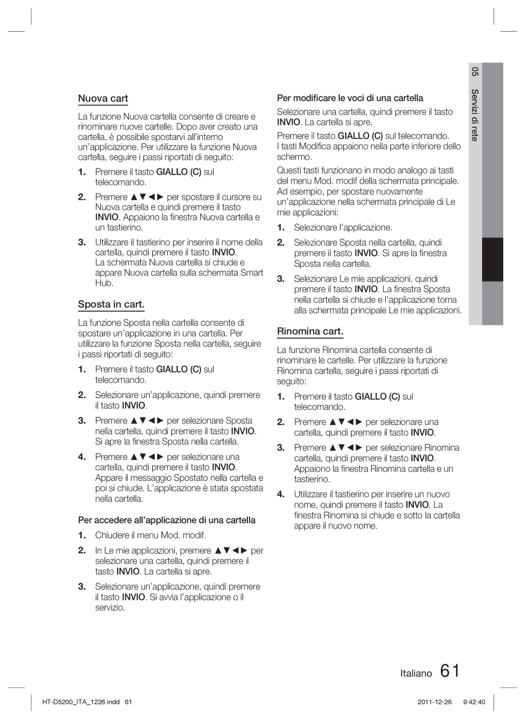 Samsung HT-D5200/XE, HT-D5200/XN, HT-D5200/EN, HT-D5200/ZF manual Nuova cart, Sposta in cart, Rinomina cart 