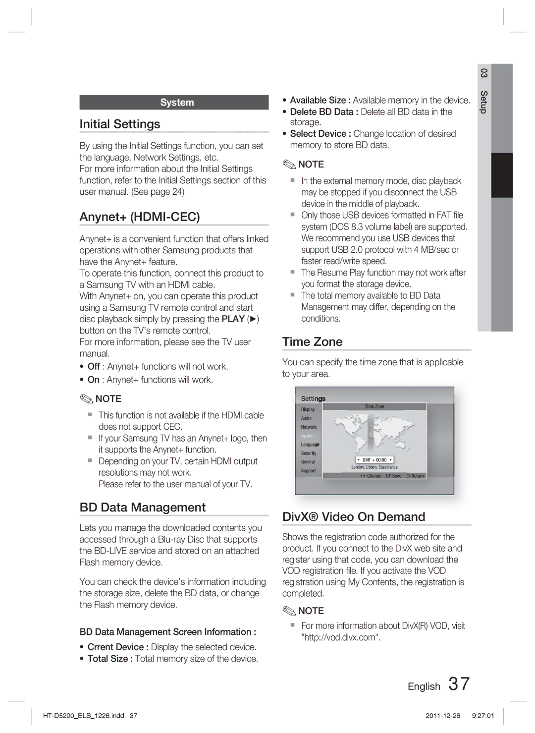 Samsung HT-D5200/EN, HT-D5200/XN Initial Settings, Anynet+ HDMI-CEC, BD Data Management, Time Zone, DivX Video On Demand 