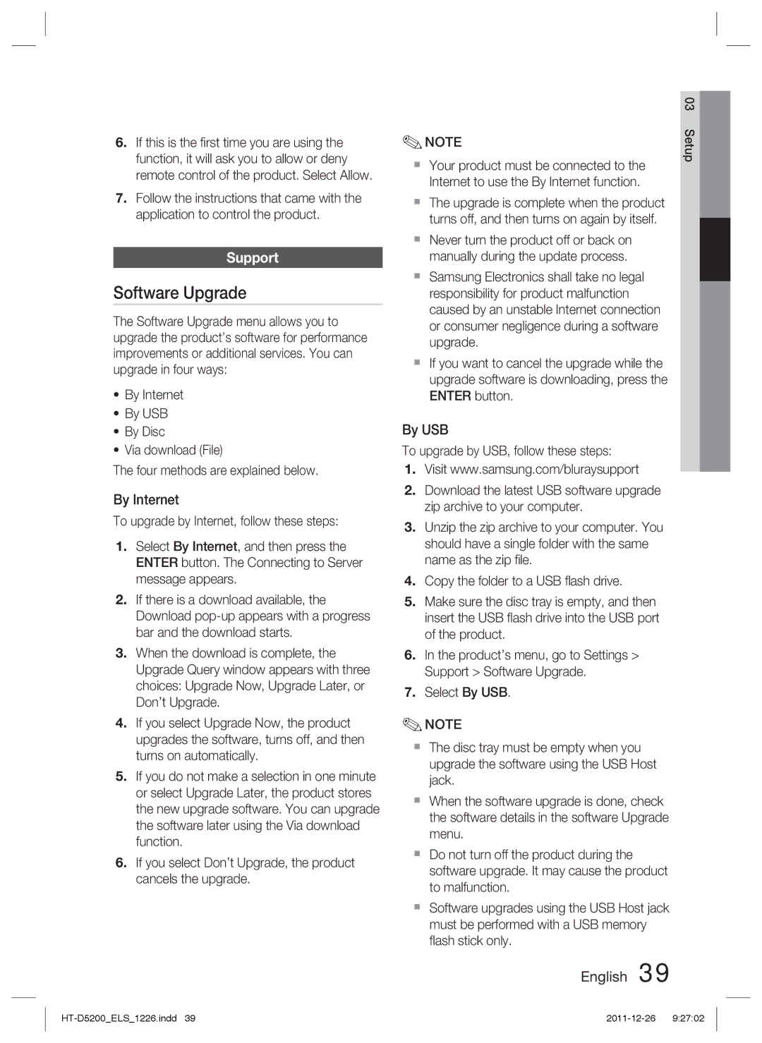 Samsung HT-D5200/XE, HT-D5200/XN, HT-D5200/EN, HT-D5200/ZF manual Software Upgrade, Support, By Internet, By USB 