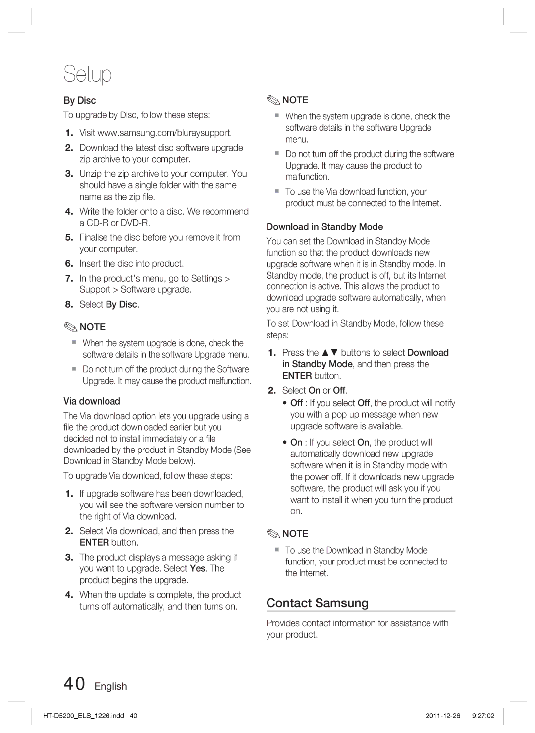 Samsung HT-D5200/XN, HT-D5200/EN, HT-D5200/ZF, HT-D5200/XE Contact Samsung, By Disc, Via download, Download in Standby Mode 