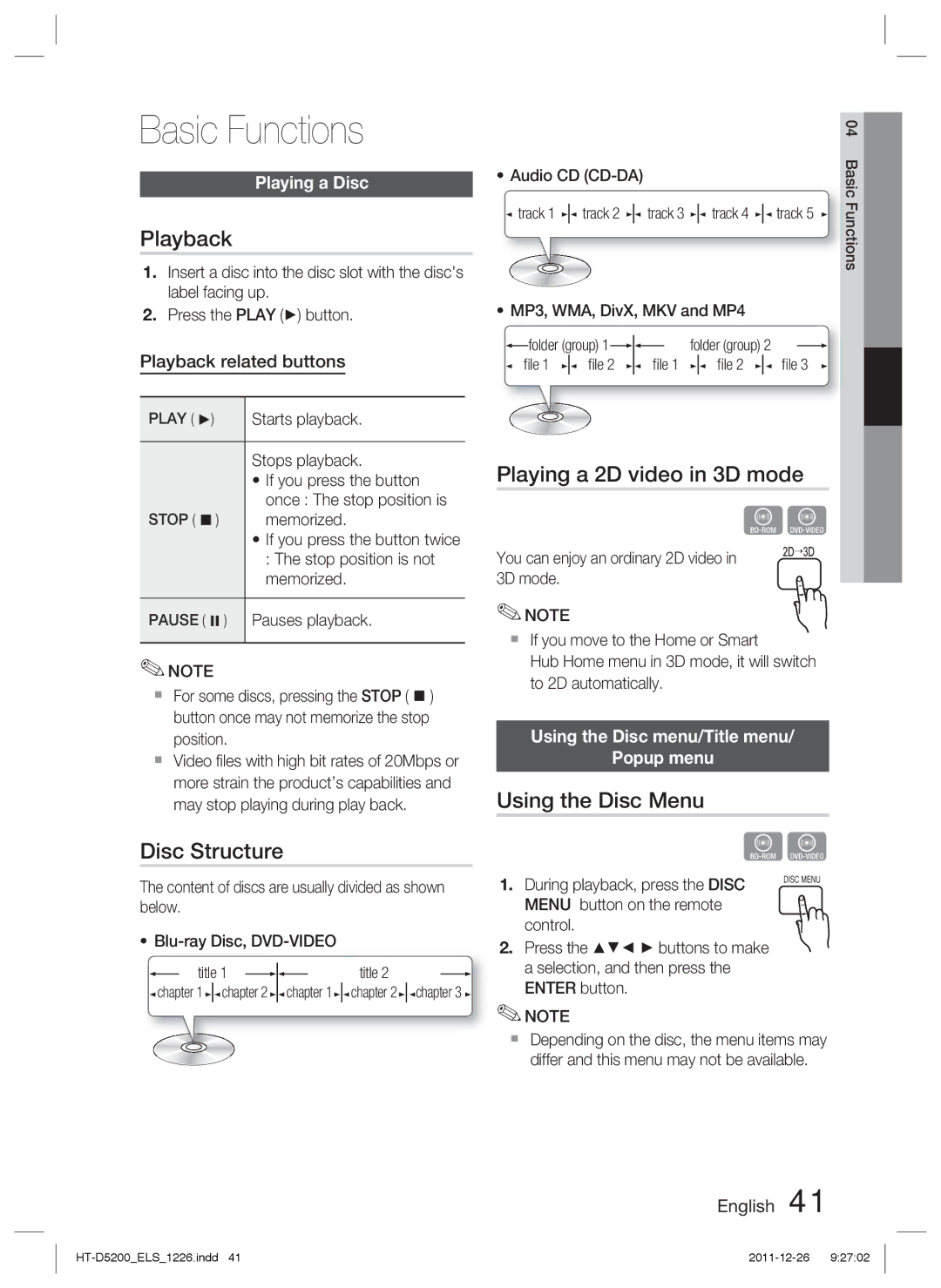 Samsung HT-D5200/EN manual Basic Functions, Playback, Disc Structure, Playing a 2D video in 3D mode, Using the Disc Menu 