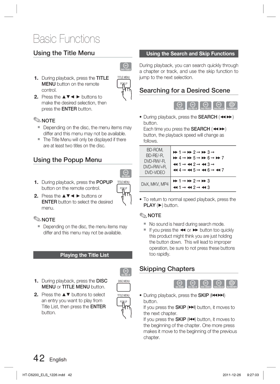 Samsung HT-D5200/ZF manual Using the Title Menu, Searching for a Desired Scene, Using the Popup Menu, Skipping Chapters 