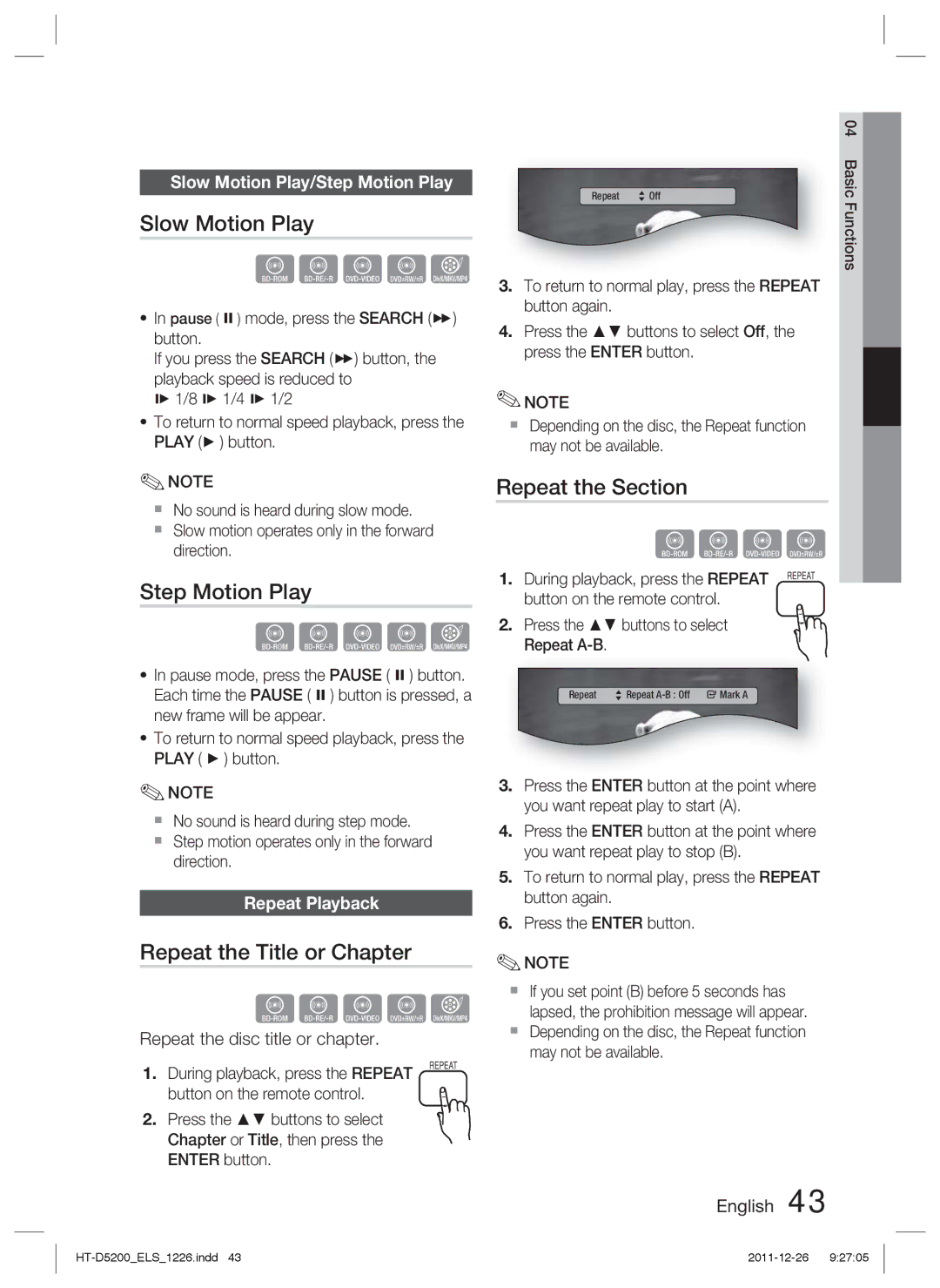 Samsung HT-D5200/XE, HT-D5200/XN manual Slow Motion Play, Step Motion Play, Repeat the Title or Chapter, Repeat the Section 