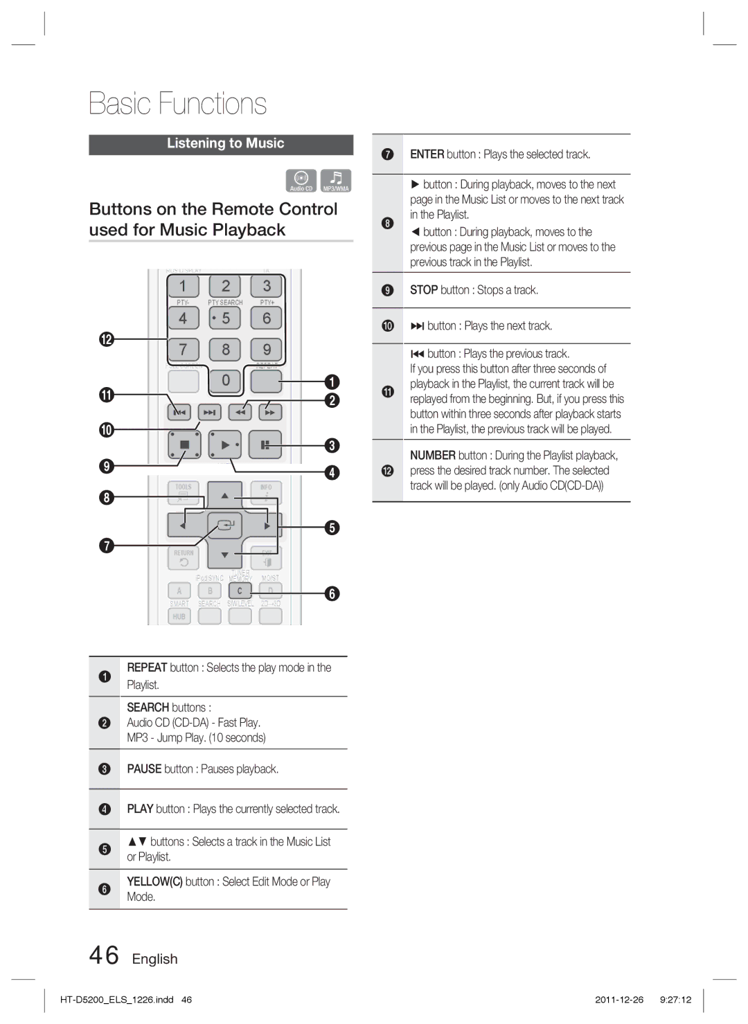 Samsung HT-D5200/ZF, HT-D5200/XN, HT-D5200/EN Buttons on the Remote Control used for Music Playback, Listening to Music 