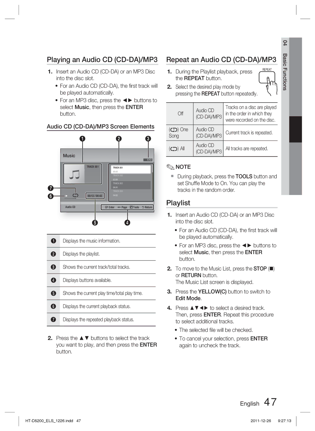 Samsung HT-D5200/XE, HT-D5200/XN, HT-D5200/EN manual Playing an Audio CD CD-DA/MP3, Repeat an Audio CD CD-DA/MP3, Playlist 