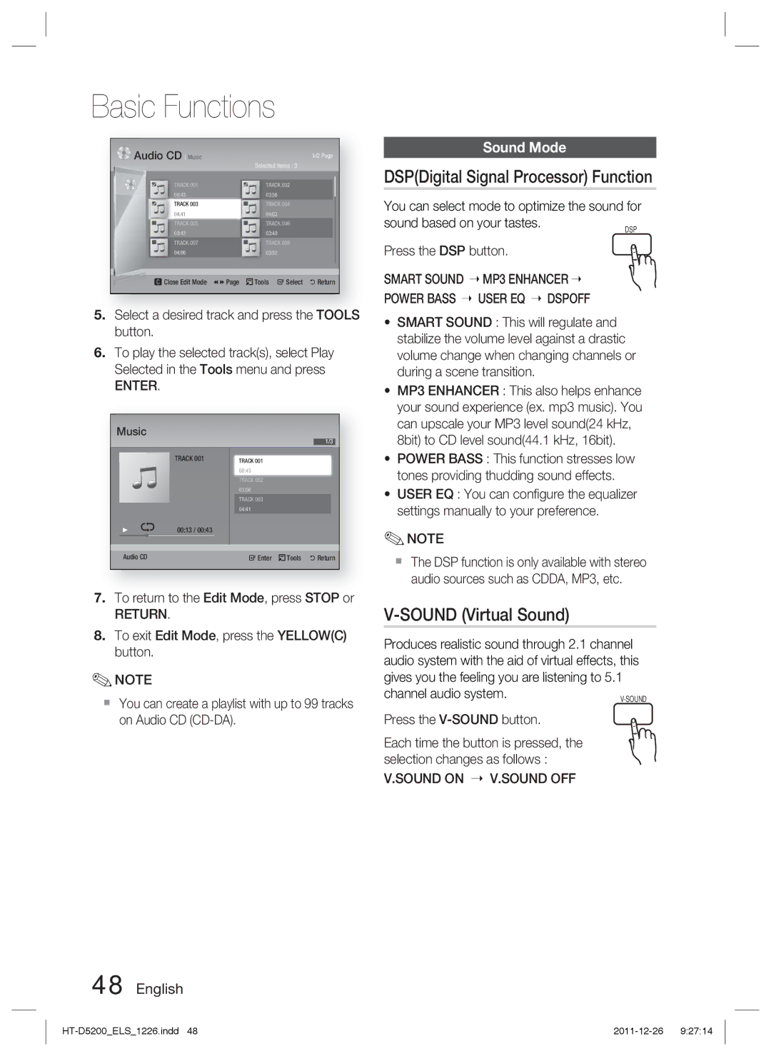 Samsung HT-D5200/XN, HT-D5200/EN, HT-D5200/ZF manual DSPDigital Signal Processor Function, Sound Virtual Sound, Sound Mode 